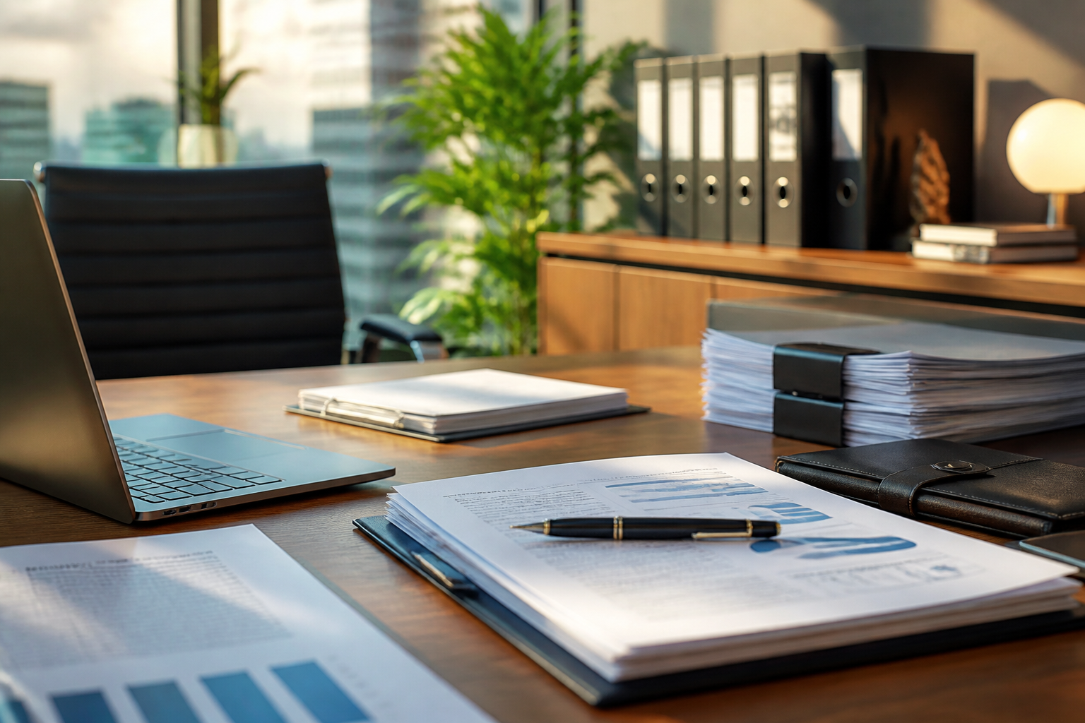 Organised compliance files and a laptop on a professional office desk